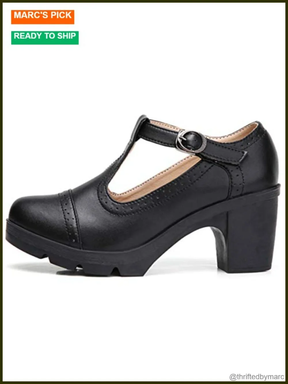 Leather T-Strap Platform Chunky Mid-Heel Mary Jane Square Toe Oxfords Dress